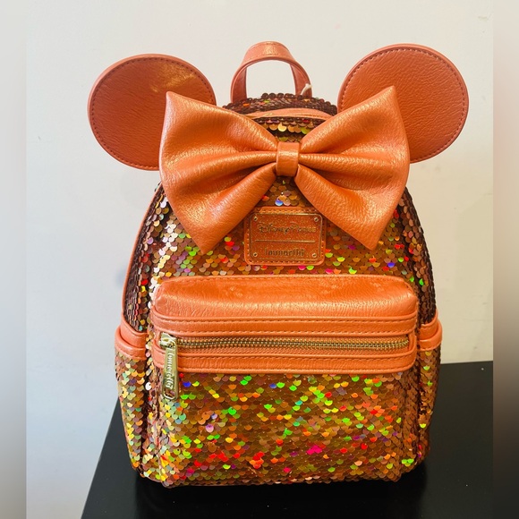 Disney Parks Loungefly Minnie Mouse Sequined Peach Punch Mini Backpack - Picture 2 of 8